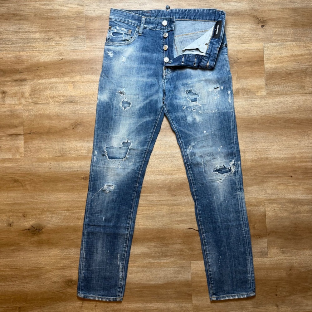 Dsquared2 Slim Jeans Mens 44 Blue Distressed Paint Splatter Button Fly Italy